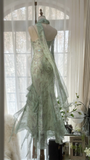 Light Sage Spaghetti Straps Beaing Chiffon Vintage Long Party Dress Evening Gown, HZ0319