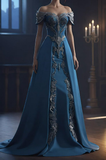Dark Blue Off Shoulder Appliques A-Line Formal Long Evening Party Dresses, HZ0319