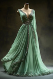 Green V Neck A-Line Beading Retro Chiffon Long Formal Evening Dresses, HZ0319