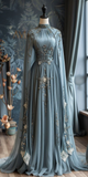 Modest Blue High Neck A-Line Beading Long Prom Dress Formal Evening Gown, HZ0319