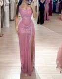 Elegant Pink Strapless Mermaid Split Long Party Dress Evening Gown, HZ0319