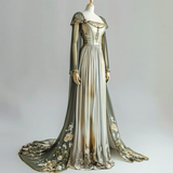 Retro Long Sleeves A-Line Floral Appliques Long Formal Evening Party Dress, HZ0319