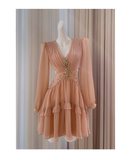 Retro Beading Design A-line Chiffon Long- sleeved V-neck Party Dresses Homecoming Dresses, HZ0319