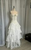 White Strapless A-Line Lace Long Party Dresses Vintage Wedding Dresses, HZ0319