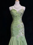 Green Spaghetti Straps Mermaid Vintage Long Evening Party Dresses, HZ0319