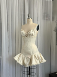 Vintage Beige Spaghetti Strap A-line Satin Lace-up Short Party Dresses Homecoming Dresses, HZ0319