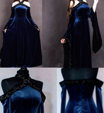 Vintage Dark Blue Halter Neck A-Line Velvet Long Formal Prom Dress Evening Dress, HZ0319