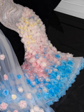 Gorgeous Sparkling Beaded Sequin Mermaid 3D Flowers Design Tulle Evening Dress Prom Dresses HZ0319