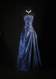 A-Line Navy Blue Strapless Satin Beading Vintage Long Party Dress Evening Dress, HZ0319