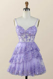 Vintage Purple Sequined Design A-line Spaghetti Strap Tiered Homecoming Dress, HZ0319