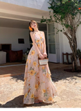 New Fashion Floral V-neck Design Elegant Beach Holiday A-line Sleeveless Halter Dress Summer Dress, HZ0319