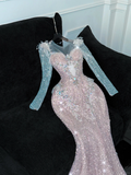 Vintage Shiny Pink Sequined Sweetheart Design Mermaid Prom Dress Evening Dress HZ0319