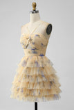 Vintage Yellow Floral Design A-line Spaghetti Strap Tiered Homecoming Dress, HZ0319