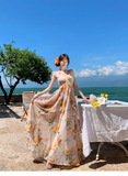 New Fashion Floral V-neck Design Elegant Beach Holiday A-line Sleeveless Halter Dress Summer Dress, HZ0319