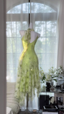 Retro Light Green Sparkling Sequin Spaghetti Strap Romantic Evening Dress Prom Dresses HZ0319