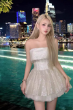 Cute Beige Sequin Ruffled Hem Design A-line Satin Strapless Party Dress Homecoming Dress, HZ0319