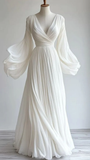 Modest White V Neck A-Line Chiffon Vintage Long Evening Party Dresses, HZ0319