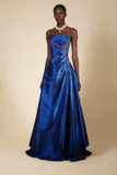 A-Line Navy Blue Strapless Satin Beading Vintage Long Party Dress Evening Dress, HZ0319
