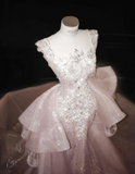 Gorgeous Pink Sequins Mermaid Beading Long Evening Dress Birthday Outfits, HZ0319