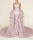 Gorgeous Pink Sequins Mermaid Beading Long Evening Dress Birthday Outfits, HZ0319
