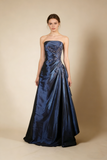 A-Line Navy Blue Strapless Satin Beading Vintage Long Party Dress Evening Dress, HZ0319