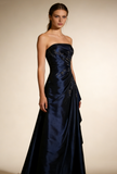 A-Line Navy Blue Strapless Satin Beading Vintage Long Party Dress Evening Dress, HZ0319
