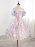 Vintage Light Purple Applique Floral Beaded Off-the-shoulder Design A-line Tulle Party Dress Homecoming Dress HZ0319