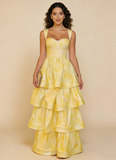 Pastel Yellow Ruffle Tiered A-Line Long Party Prom Dress HZ0319